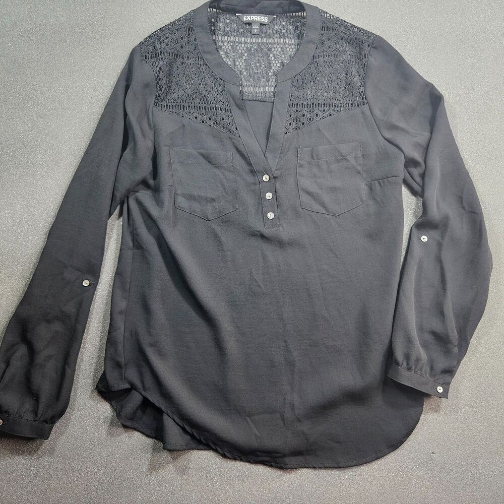 Express Portofino Blouse Women’s S Black Crochet Lace Sheer Long Sleeve Top